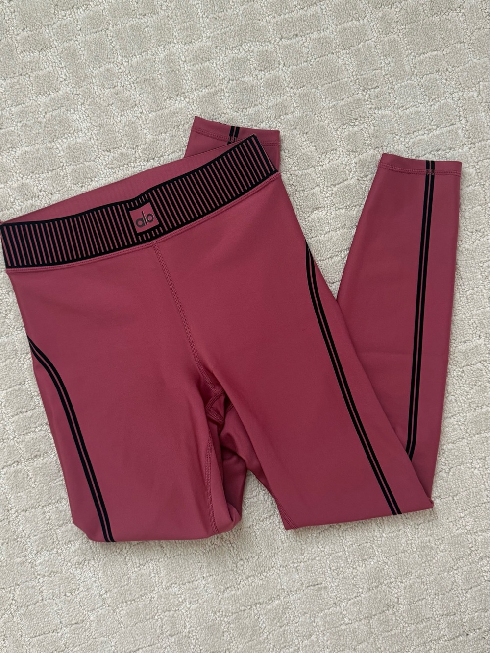 ALO Yoga Kids Rose Pink Leggings with Black Stripe